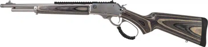 Sleek lever-action rifle with polished finish and ergonomic composite stock for optimal performance.