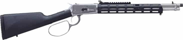 Sleek lever-action rifle with silver finish, rail system, and ergonomic synthetic stock.