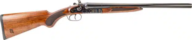 Classic side-by-side shotgun with polished barrels and elegant wooden stock for hunting enthusiasts.