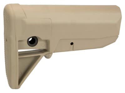 Sandy beige tactical adjustable stock for enhanced stability, comfort, and quick access in shooting situations.
