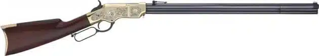 Classic lever-action rifle with polished barrel and exquisite wood stock, showcasing historical craftsmanship.