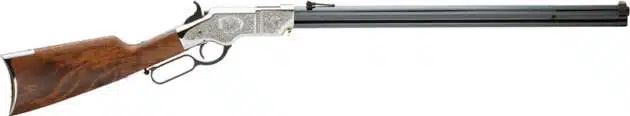 Elegant vintage lever-action rifle with engraved receiver and polished wooden stock, ideal for collectors.