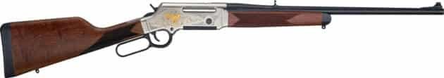 Elegant lever-action rifle with matte black barrel and beautifully engraved polished metal receiver.