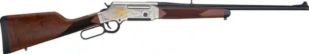 Elegant lever-action rifle with matte black barrel and beautifully engraved polished metal receiver.