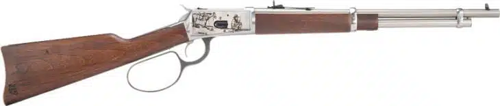 Stunning lever-action rifle with metallic finish and elegant wooden stock for collectors and hunters.