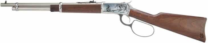Classic lever-action rifle with polished wood stock and sleek blued metal finish. Perfect for shooting.