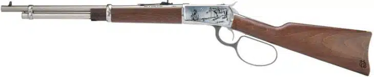 Classic lever-action rifle with polished wood stock and sleek blued metal finish. Perfect for shooting.