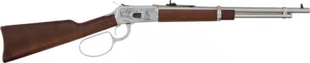 Timeless lever-action rifle with polished barrel and rich hardwood stock for hunting and shooting.