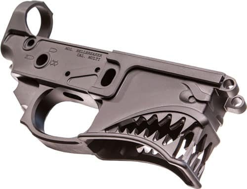 Shark jaw-inspired matte black lower receiver combines style and performance for rifle enthusiasts.