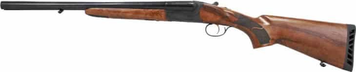 Break-action shotgun with ornate wooden stock and matte black barrel, perfect for hunting and shooting.
