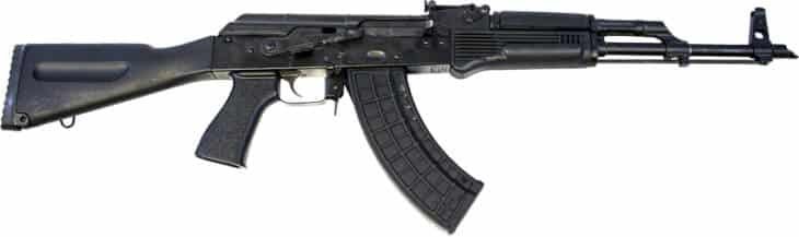 Versatile black AK-47 style rifle with adjustable stock and curved magazine for tactical efficiency.