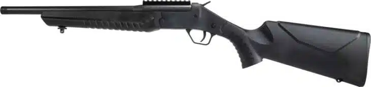 Sleek matte black tactical rifle with ergonomic stock and rail system for accessories.