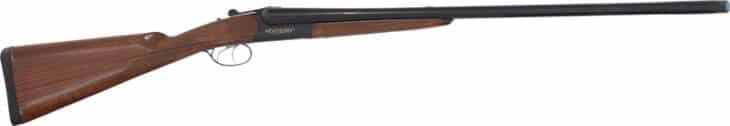 Classic double-barreled shotgun with polished wood stock, matte black barrels, ideal for hunting and sport shooting.