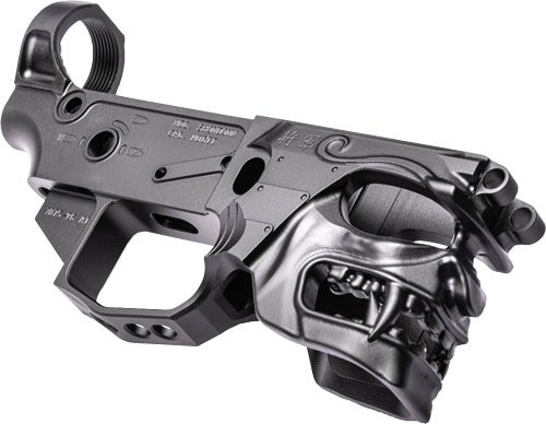Sleek firearm lower receiver with ergonomic human hand grip design for optimal control and customization.