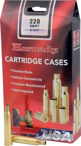 Hornady .220 Swift brass cartridge cases for reliable reloading performance, proudly made in the USA.