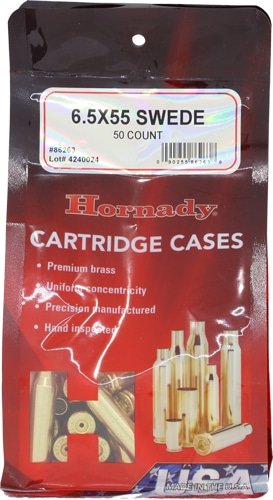 Hornady 6.5x55 Swedish cartridge cases, premium brass, 50-count for reliable reloading performance.