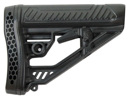 Sleek tactical polymer rifle stock with adjustable cheek riser for enhanced performance and comfort.