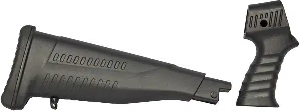 Durable polymer buttstock and vertical grip for enhanced comfort and control in shooting.