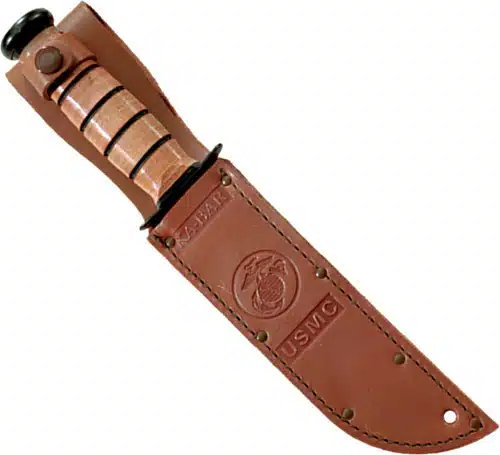 U.S. Marine Corps combat knife with durable blade and embossed leather sheath for outdoor use.