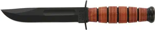 Durable outdoor knife with ergonomic wood handle, corrosion-resistant blade, and protective cross-guard.