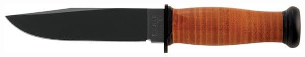 Durable fixed-blade knife with a sleek dark steel blade and ergonomic hardwood handle.