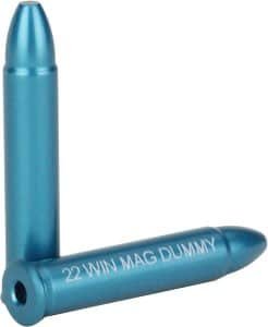 Blue dummy .22 Winchester Magnum cartridges for safe firearm training and education.