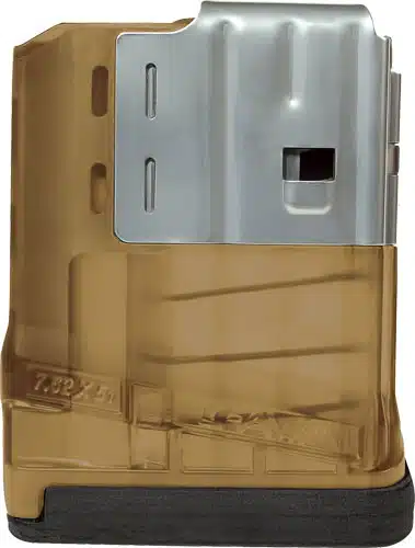 Amber transparent firearm magazine with spring mechanism for easy ammo visibility and reliable performance.