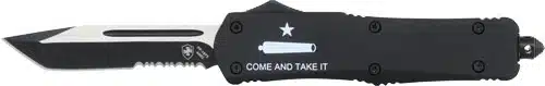 Tactical tanto knife with serrated edge, ergonomic handle, stainless steel blade, and quick deployment.