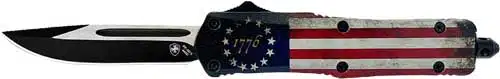 Patriotic tactical knife with American flag handle and sleek black blade, perfect for collectors.