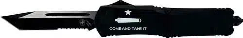 Sleek tactical automatic knife with tanto blade, ergonomic grip, and Come and Take It insignia.