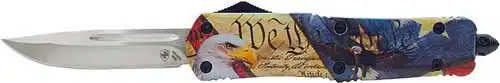 Patriotic folding knife with sharp stainless steel blade and vibrant eagle design for collectors.