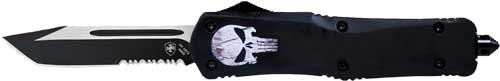 Durable tactical knife with skull design, tanto tip, and serrated edge for versatile cutting.