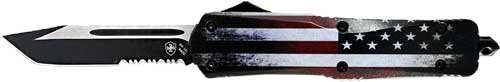 Sleek tanto knife with serrated blade and distressed American flag handle for versatile outdoor use.