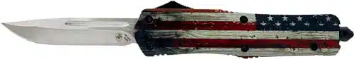 Patriotic American flag-themed spring-assist knife combining style, functionality, and craftsmanship for outdoor enthusiasts.