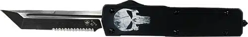 Tactical folding knife with skull emblem, stainless steel blade, and spring-assisted opening mechanism.