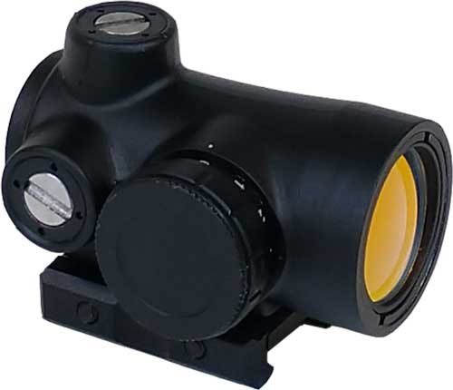 Rugged compact red dot sight with adjustable windage, elevation, and quick-release mount for accurate shooting.