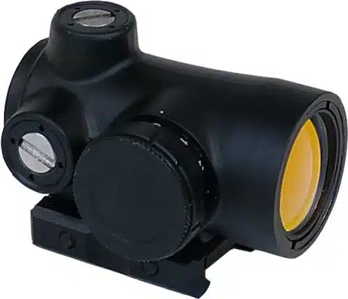 Rugged compact red dot sight with adjustable windage, elevation, and quick-release mount for accurate shooting.