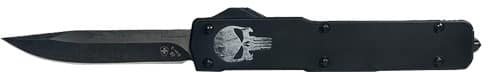 Sleek MAFL321 tactical knife with automatic deployment, dark steel blade, and ergonomic textured handle.