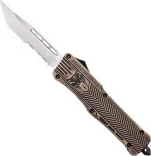 Sleek tactical knife with serrated blade and textured handle for versatile cutting and secure grip.
