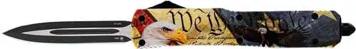 Artistic eagle handle knife with dual-edged matte black blade for collectors and outdoor enthusiasts.