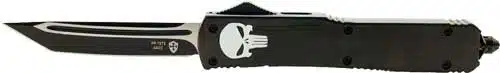 Sleek MFL231 tactical knife with skull logo, stainless steel blade, and ergonomic black handle.