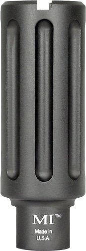 Tactical matte black MI muzzle brake for AR-15, enhancing recoil control and firearm performance.