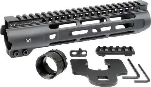 Modular tactical handguard with Picatinny rail for versatile accessory mounting and lightweight design.