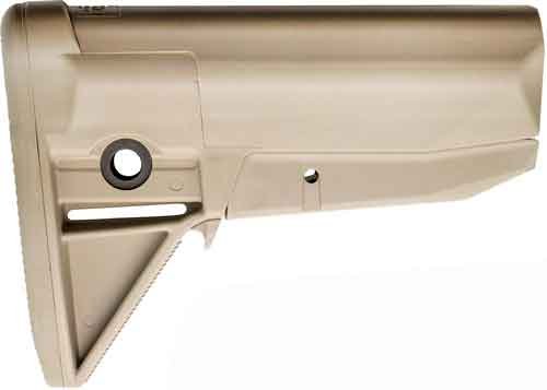Tactical adjustable rifle stock in desert tan, designed for comfort and performance in shooting.