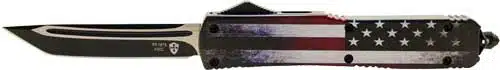 Patriotic automatic knife with American flag handle, sleek design, perfect for collectors and outdoor use.