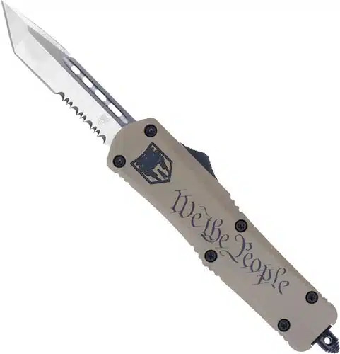 Sleek OTF knife with serrated blade, tan handle, and patriotic We the People engraving.