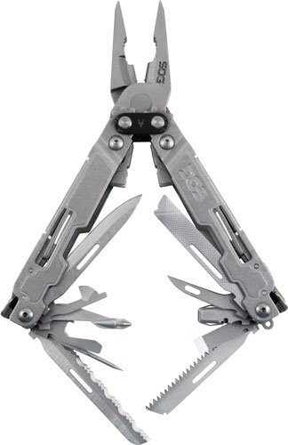 Stainless steel multi-tool with pliers, knife, and screwdrivers for versatile outdoor and DIY use.