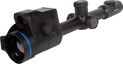 Precision riflescope with matte black finish, blue ring, and textured adjustment dials for accuracy.