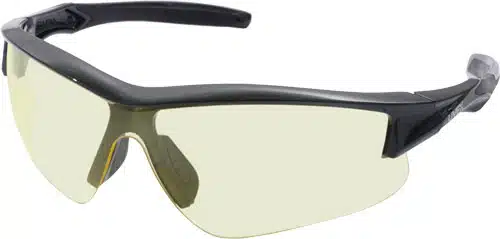 Sporty black wraparound sunglasses with light yellow lenses for enhanced visibility and comfort.