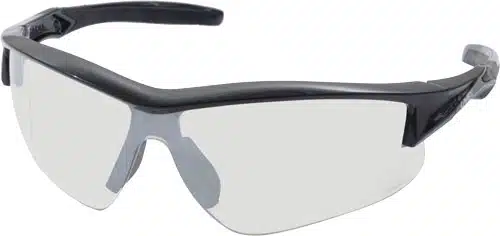 Sporty wrap-around sunglasses with clear lenses and grip arms for active lifestyles and outdoor activities.